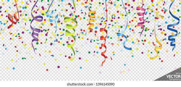 illustration of seamless colored confetti and streamers background for party or carnival usage with transparency in vector file