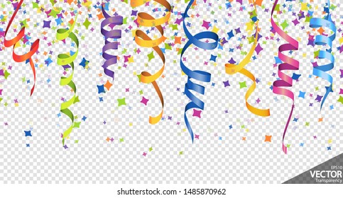 illustration of seamless colored confetti and streamers background for party or carnival usage with transparency in vector file