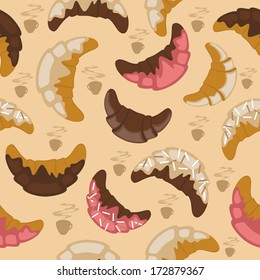 Illustration of seamless croissant background with different kind of icing and coffee cups
