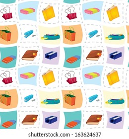 Illustration of the seamless design with the different school and office supplies on a white background