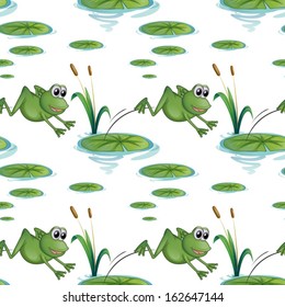 Illustration of a seamless design with frogs at the pond on a white background