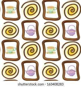 Illustration of a seamless design with mugs and kettle on a white background
