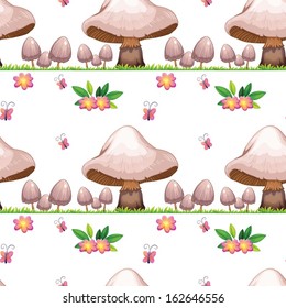 Illustration of the seamless design with mushrooms and butterflies on a white background