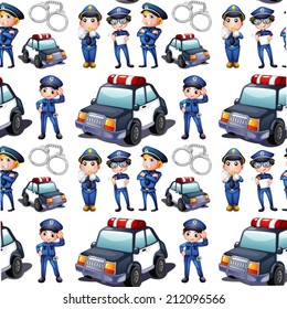 Illustration of a seamless design with policemen and patrol cars on a white background