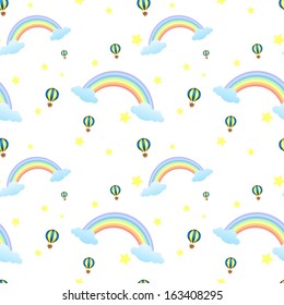 Illustration of a seamless design with rainbows and floating balloons