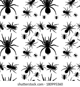 Illustration of a seamless design with spiders on a white background
