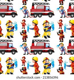 Illustration of a seamless fire truck and firemen