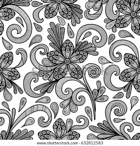 Illustration of seamless floral doodle pattern with lacy ornament in black color isolated