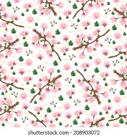 Illustration of seamless  floral pattern with apple tree branches and flowers on black isolated 