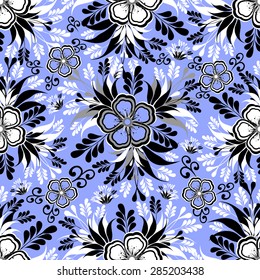 Illustration of seamless floral pattern in black, white and grey colors on blue background