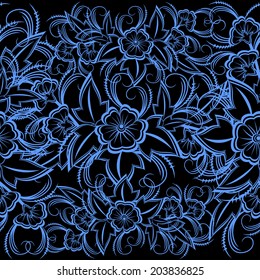 Illustration of seamless floral pattern in blue and black colors 