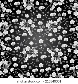Illustration of seamless  floral pattern with branches and flowers in black, white and grey colors 