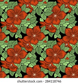 Illustration of seamless  floral pattern with branches and flowers on black background