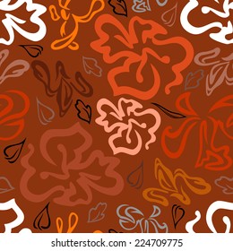 Illustration of seamless floral pattern with colored outlines on brown background