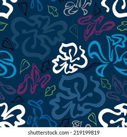 Illustration of seamless floral pattern with colourful outlines on blue background 
