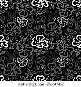 Illustration of seamless floral pattern in grey and white colors on black background 