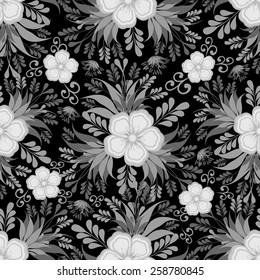 Illustration of seamless floral pattern in grey colors on black background 