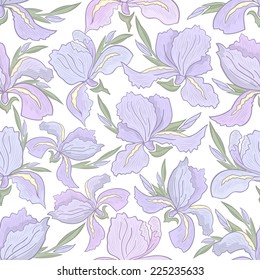 Illustration of seamless floral pattern with hatched iris flowers isolated 