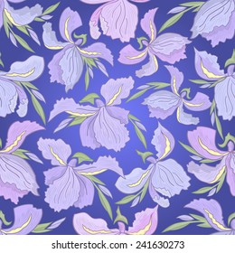 Illustration of seamless floral pattern with hatched iris flowers 