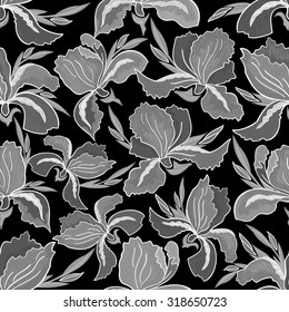 Illustration of seamless floral pattern with hatched iris flowers on black background
