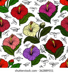 Illustration of seamless  floral pattern with hibiscus flowers and calligraphic elements isolated