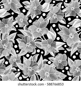 Illustration of seamless  floral pattern with leaves and flowers in grey colors on black background