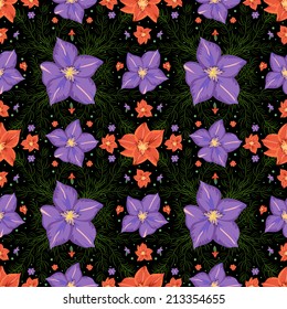 Illustration of seamless floral pattern with lilac and red gladioluses on black background  