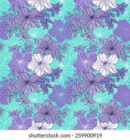 Illustration of seamless  floral pattern in lilac, green and white colors 