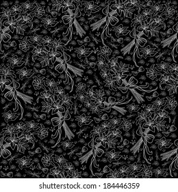 Illustration of seamless floral pattern from lilies bouquets with bows in white, grey and black colors