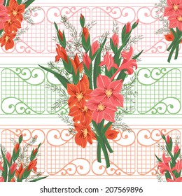 Illustration of seamless floral pattern with pink and red gladioluses and ornamental background  
