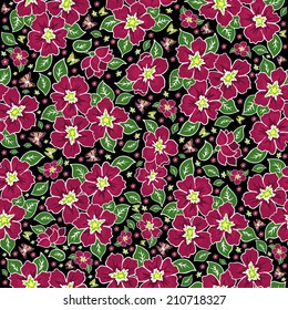 Illustration of seamless floral pattern in pink and green colours on black background 