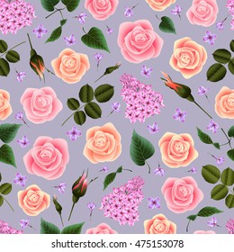 Illustration of seamless floral pattern with roses and lilac flowers