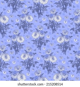 Illustration of seamless floral pattern in white and blue colors 