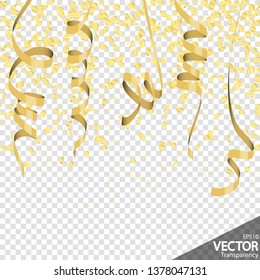 illustration of seamless golden colored confetti and streamers background for party or carnival usage with transparency in vector file