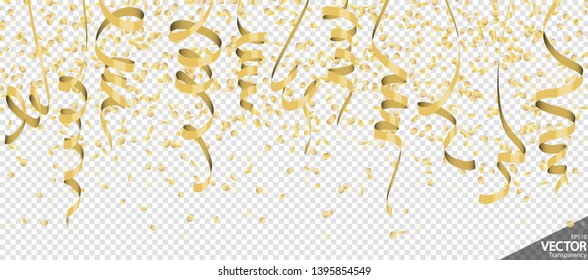 illustration of seamless golden colored confetti and streamers background for party or carnival usage with transparency in vector file