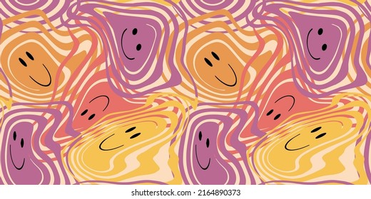 Illustration of a seamless groovy and trippy pattern. Deformed smiles in vintage style. Style of the 70s.