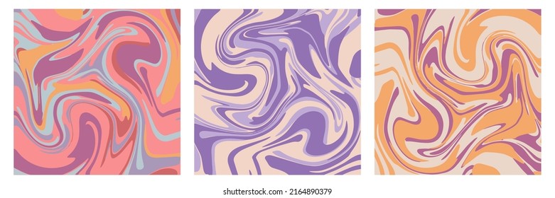 Illustration of a seamless groovy and trippy pattern. Deformed abstract flowing waves in vintage style. Set of the 70s.