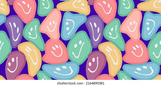 Illustration of a seamless groovy and trippy pattern. Deformed smiles in vintage style. Style of the 70s.