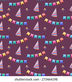 Illustration Seamless Holiday Pattern with Colorful Buntings and Party Hats - Vector