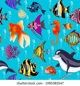 Illustration of seamless marine background with fishes, dolphins and shells 