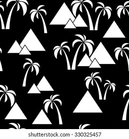 Illustration seamless of palm trees with pyramids on a black background