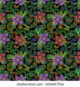 Illustration of seamless pattern with abstract doodle flowers in various colors
