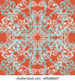 Illustration of seamless pattern with abstract ornament in blue, white and orange colors