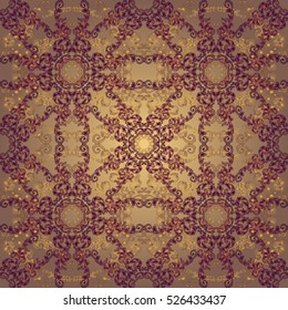 Illustration of seamless pattern with abstract ornament in gold and purple colors
