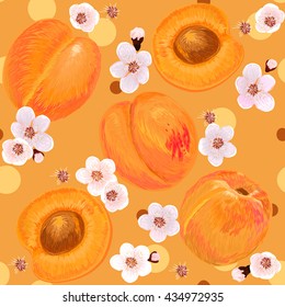 Illustration seamless pattern with apricots and flowers on a colored background. Hand-drawn background. Vector illustration. Apricot.