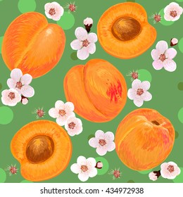Illustration seamless pattern with apricots and flowers on a colored background. Hand-drawn background. Vector illustration. Apricot.