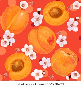 Illustration seamless pattern with apricots and flowers on a colored background. Hand-drawn background. Vector illustration. Apricot