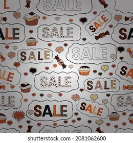 Illustration. Nahtloses Muster. Art Illustration des Logotyps zum Verkauf, verschenken, Rabatt, verkaufen, Ausverkauf, Abfertigung, Schließung, Mode, Souvenir, Shop. Handgezeichnetes Werbedesign für Banner. Vektorgrafik.
