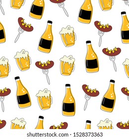 illustration seamless pattern background of mugs, bottles of beer and sausages with ketchup on a fork. for the oktoberfest. for menus, restaurants, paper, design. Vector graphics