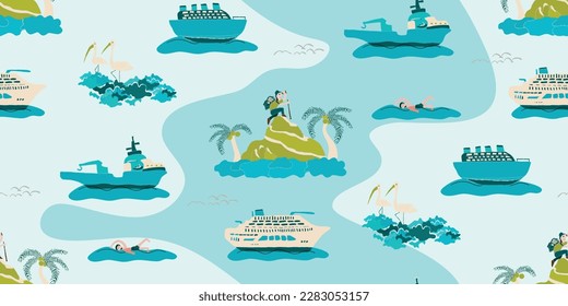 Illustration of seamless pattern backpacker on a hill looking at the ocean and ships on the beach, people swimming. Children's holiday travel theme. Turquoise green, mint blue, white sand color